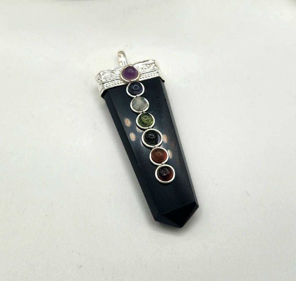 Black Obsidian Flat Gemstone Pendant w/Chakra Silver Color