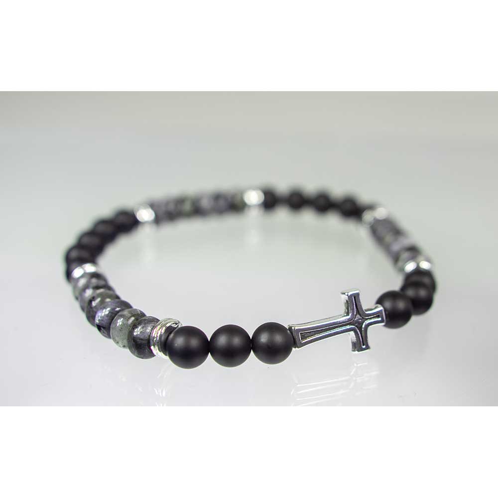 Elastic Bracelet 6mm Bead Black Agate & Labradorite w/ Cross