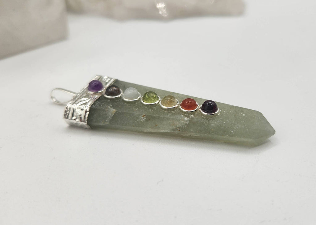 Green Aventurine Flat Gemstone Pendant w/Chakra Silver Color