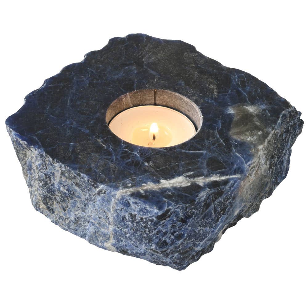 ROUGH BLUE QUARTZ CANDLE HOLDER WITH SMOOTH TOP