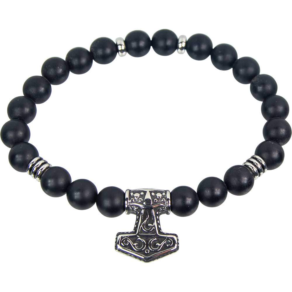 Elastic Bracelet 10mm Bead Matte Black Agate w/Viking Hammer