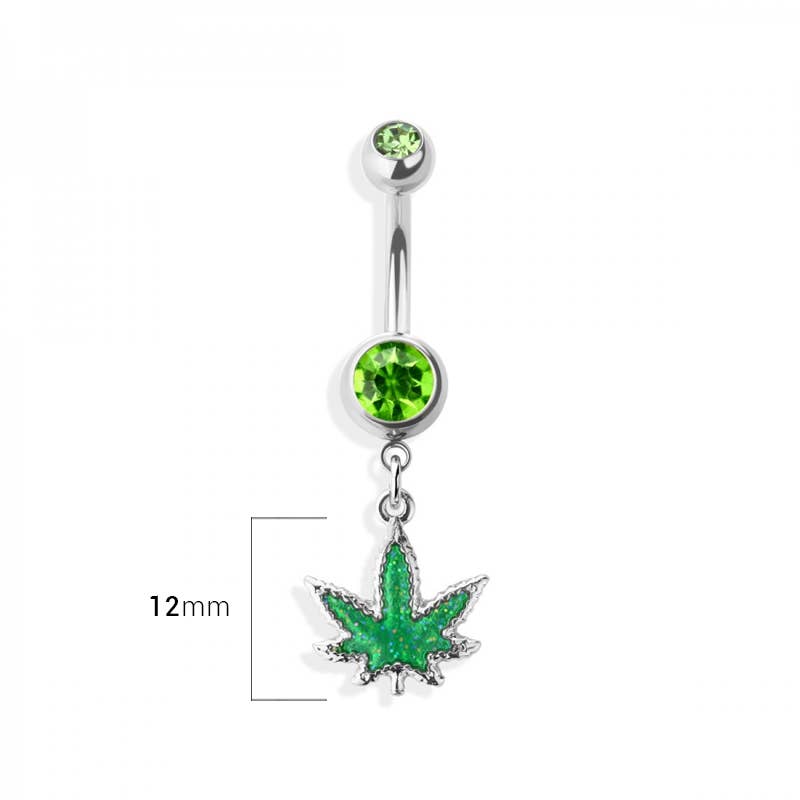 GLITTERED MARIJUANA DANGLE 316L SS NAVEL RING