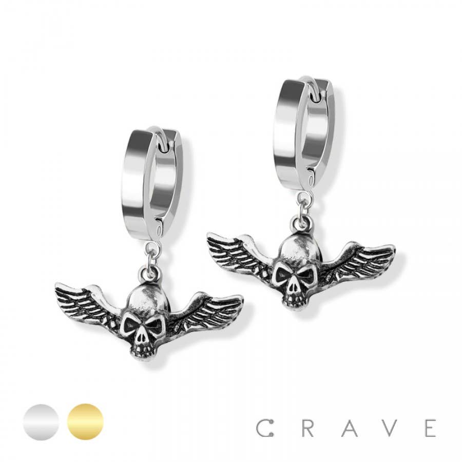 PAIR OF 316L SS HUGGIE/HOOP EARRINGS WITH SKULL WING DANGLE