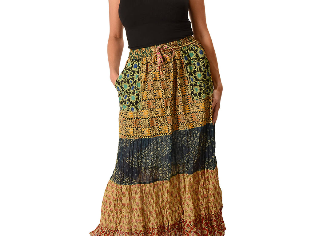 OVERDYED TIERED PATCHWORK COTTON SKIRT