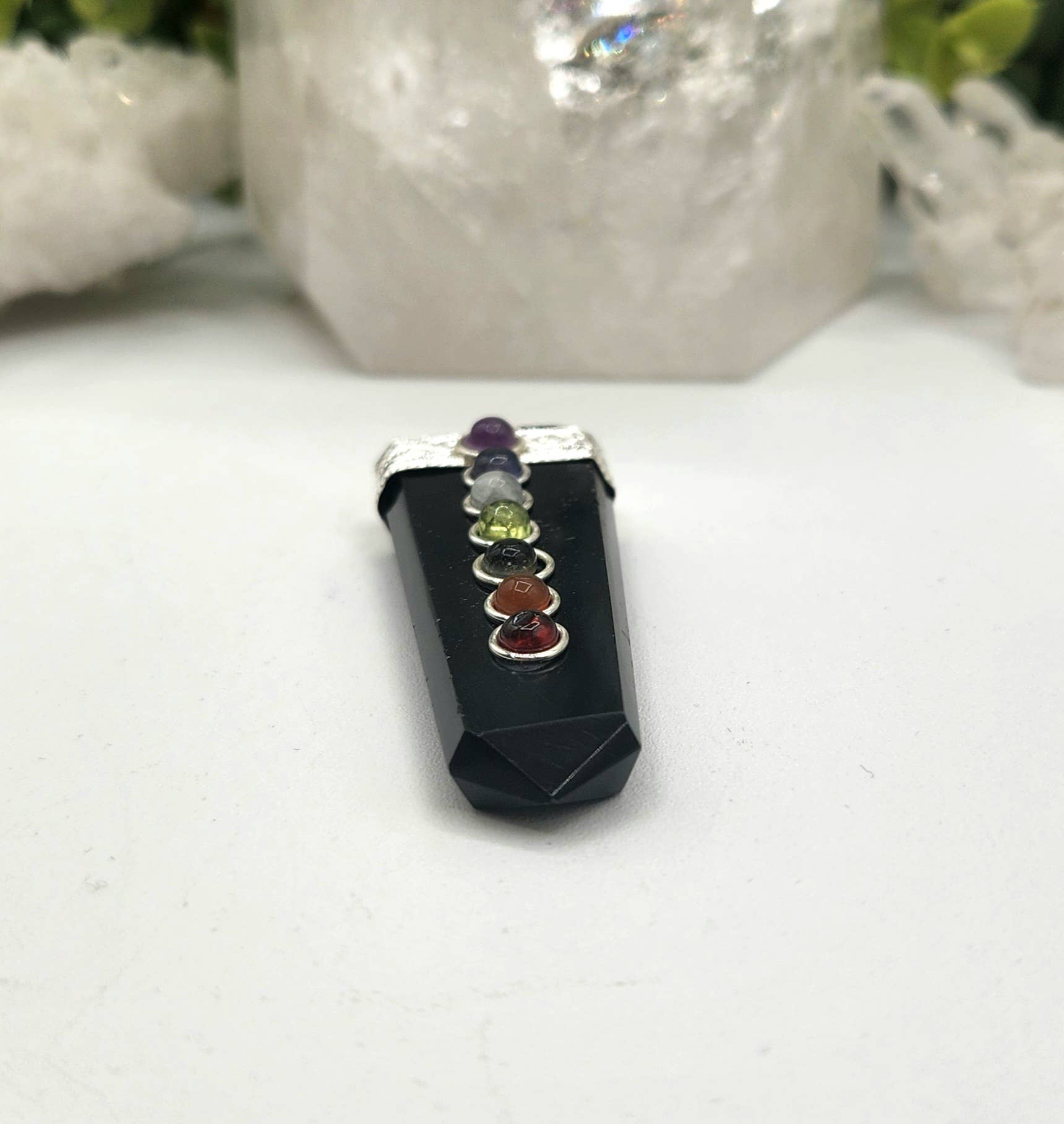Black Obsidian Flat Gemstone Pendant w/Chakra Silver Color