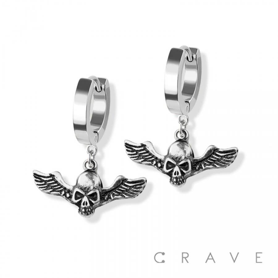 PAIR OF 316L SS HUGGIE/HOOP EARRINGS WITH SKULL WING DANGLE