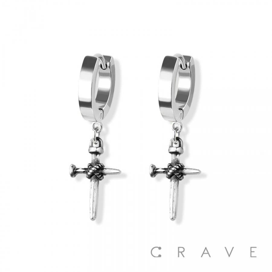 PAIR OF 316L SS HUGGIE/HOOP EARRINGS WITH CROSS STAKE DANGLE