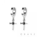 PAIR OF 316L SS HUGGIE/HOOP EARRINGS WITH CROSS STAKE DANGLE