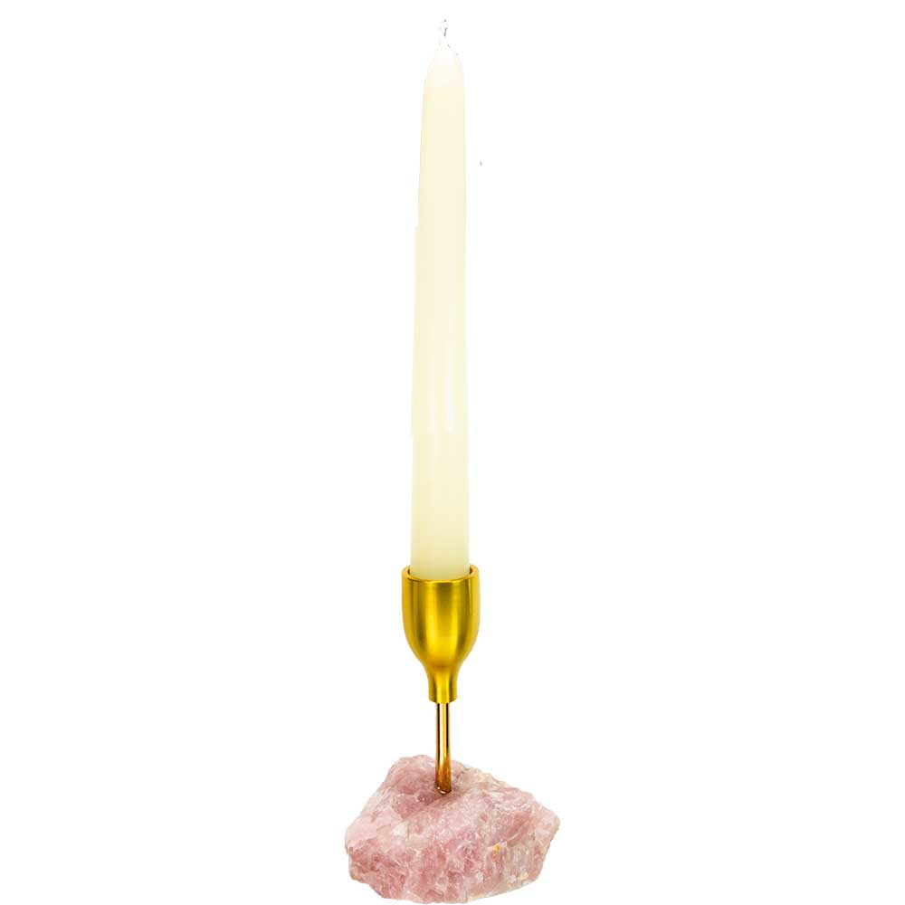 Brass Taper Candle Holder - Rough Rose Quartz (Each)