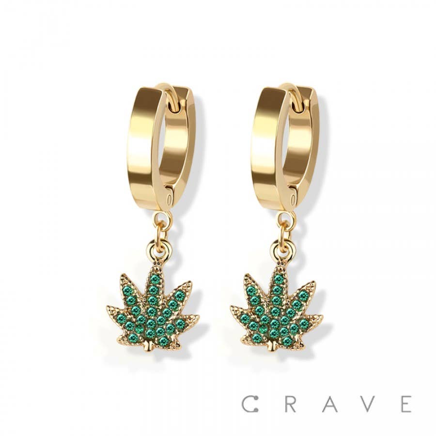 PAIR OF 316L SS EARRINGS W/GEM PAVED MARIJUANA PENDANT