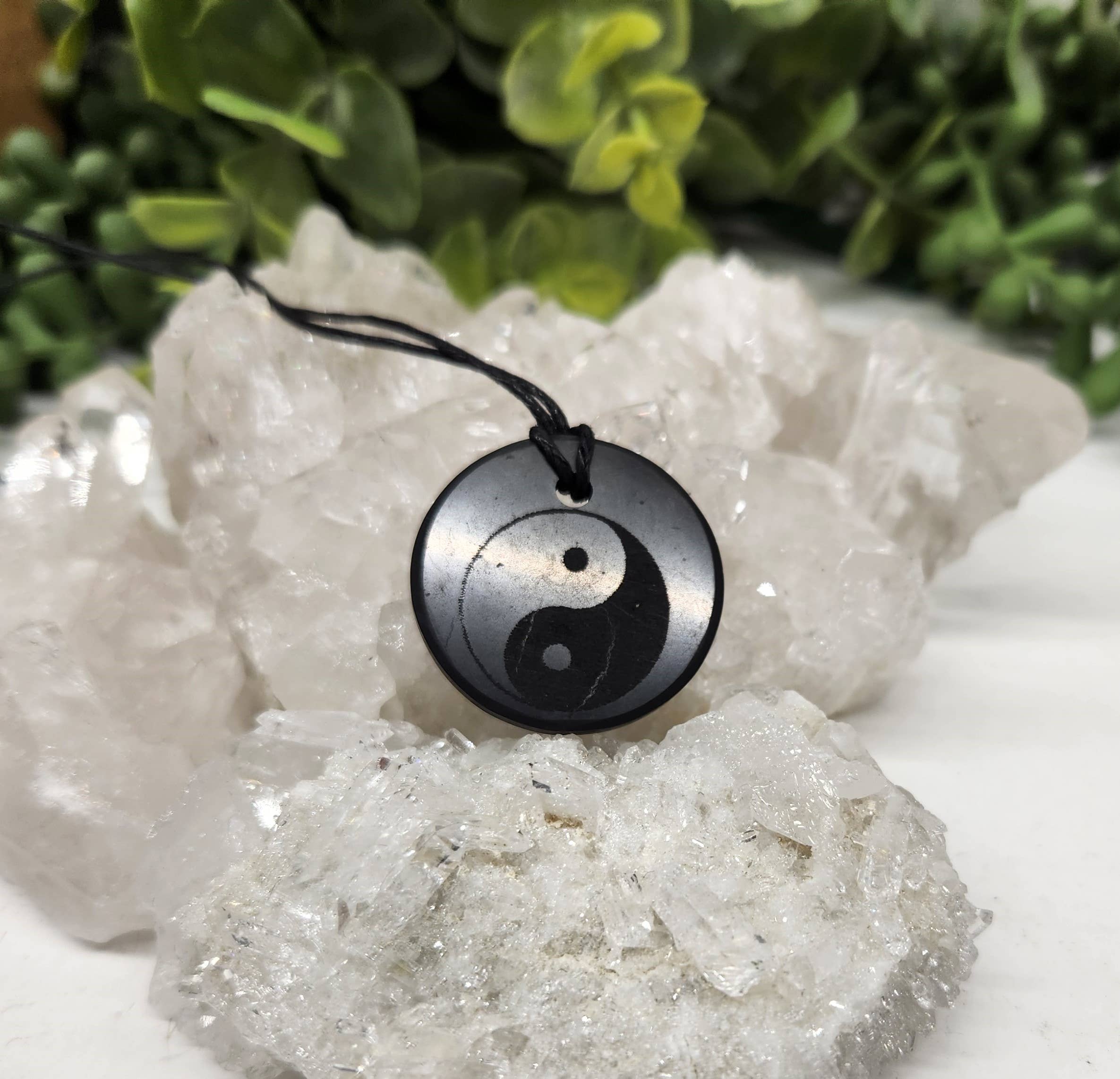 Shungite Pendant Engraved  with Ying Yang with Cord
