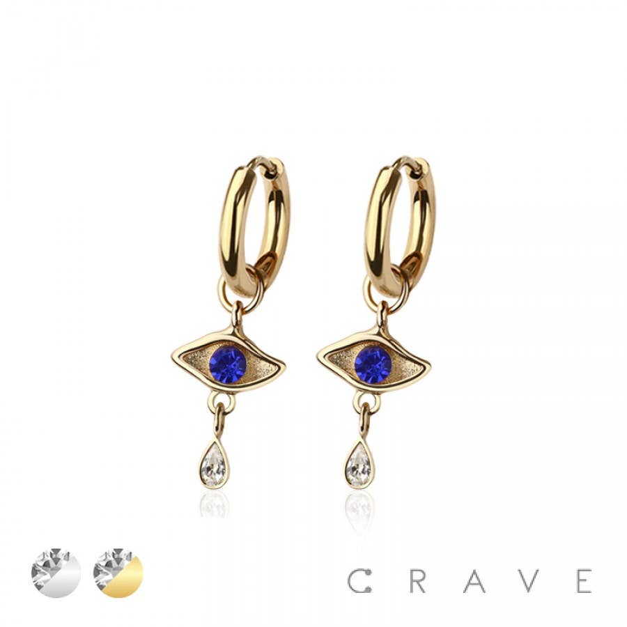 PAIR OF 316L STAINLESS STEEL HUGGIE/HOOP EVIL EYE TEAR DROP