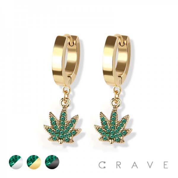 PAIR OF 316L SS EARRINGS W/GEM PAVED MARIJUANA PENDANT