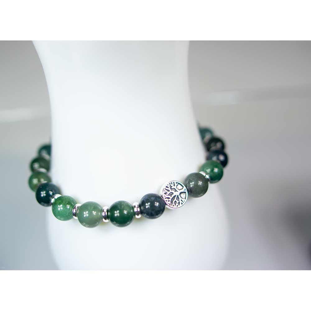 Adj Clasp Bracelet 8mm Bead Moss Agate w/Tree of Life&Accent