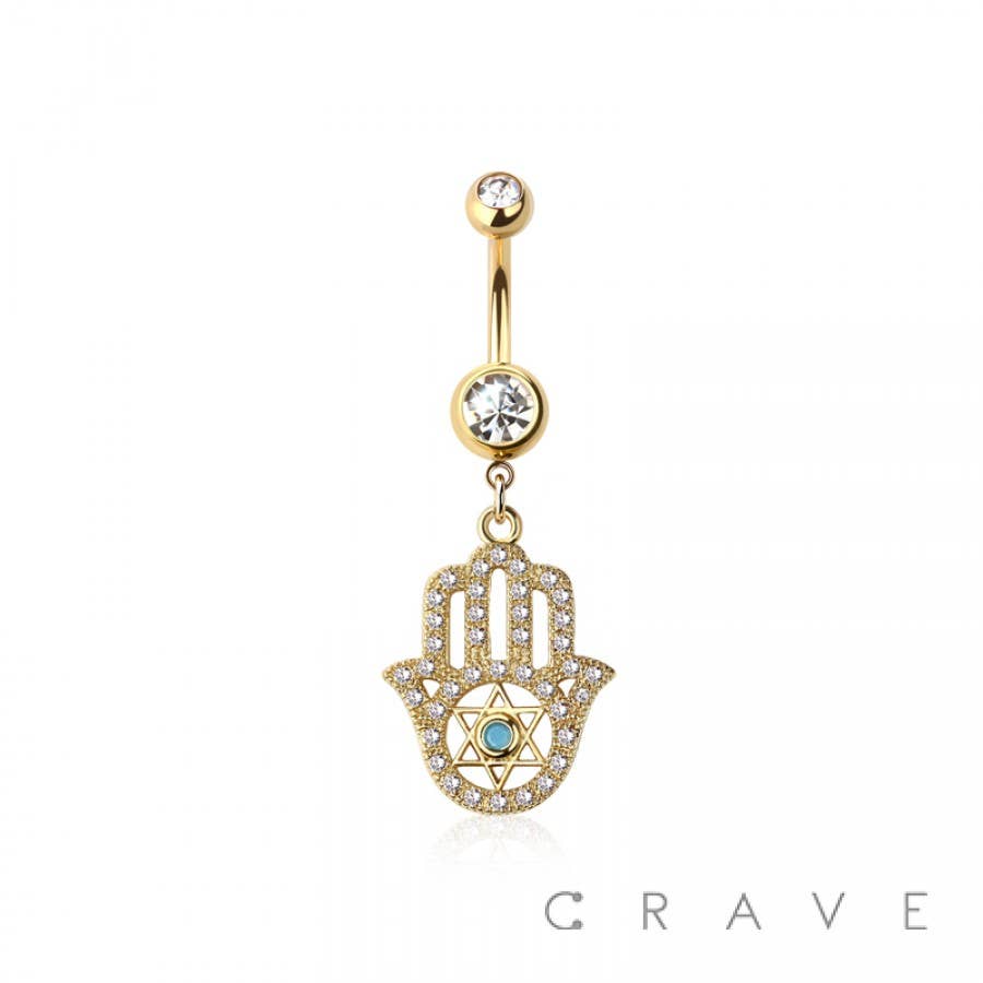 316L SURGICAL STEEL HAMSA HAND MULTI CZ DANGLE BELLY BUTTON