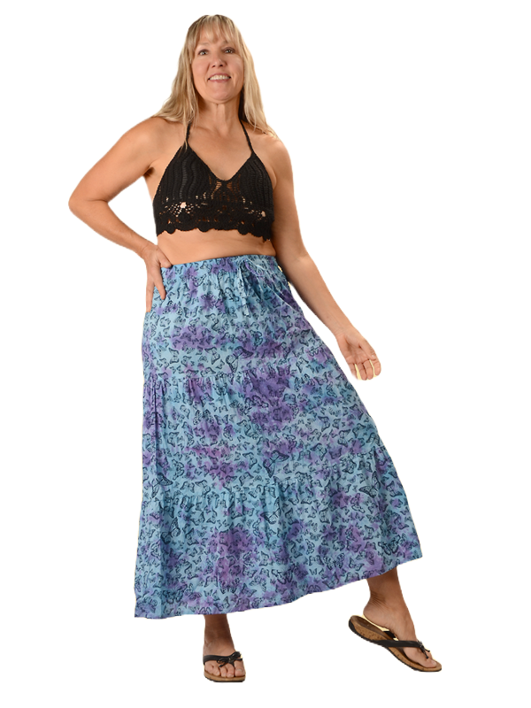 Tye Dye Cotton Butterfly Print 3 Tier Maxi Skirt