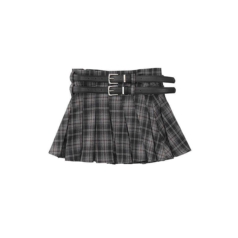 Trendy High-Waisted Plaid Shorts with Dual Belts
