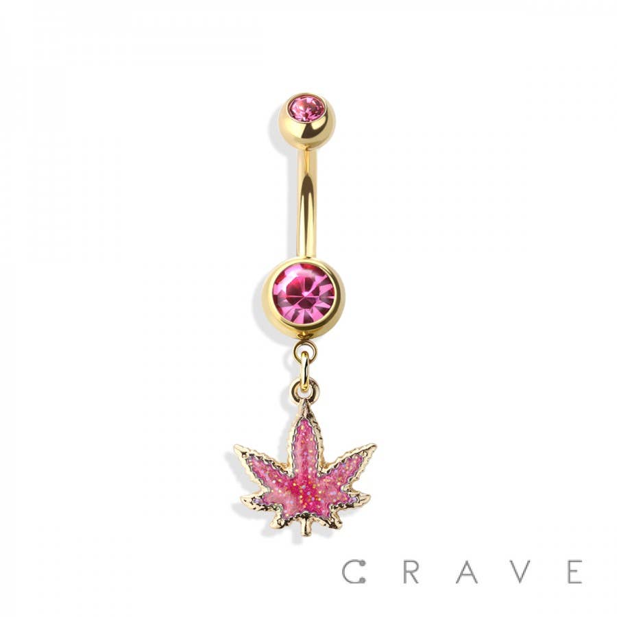 GLITTERED MARIJUANA DANGLE 316L SS NAVEL RING