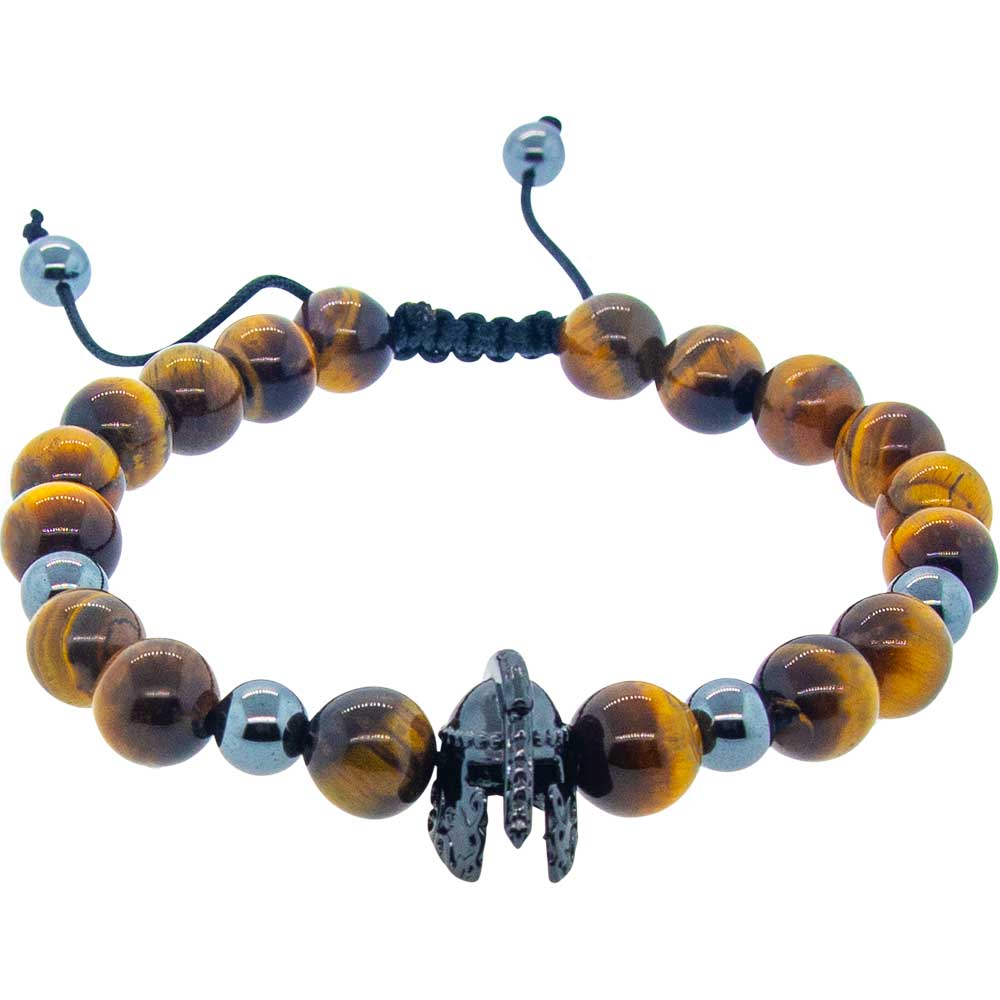 Adj Bracelet 8mm Bead-Tiger Eye & Hematite w/ Warrior Helmet