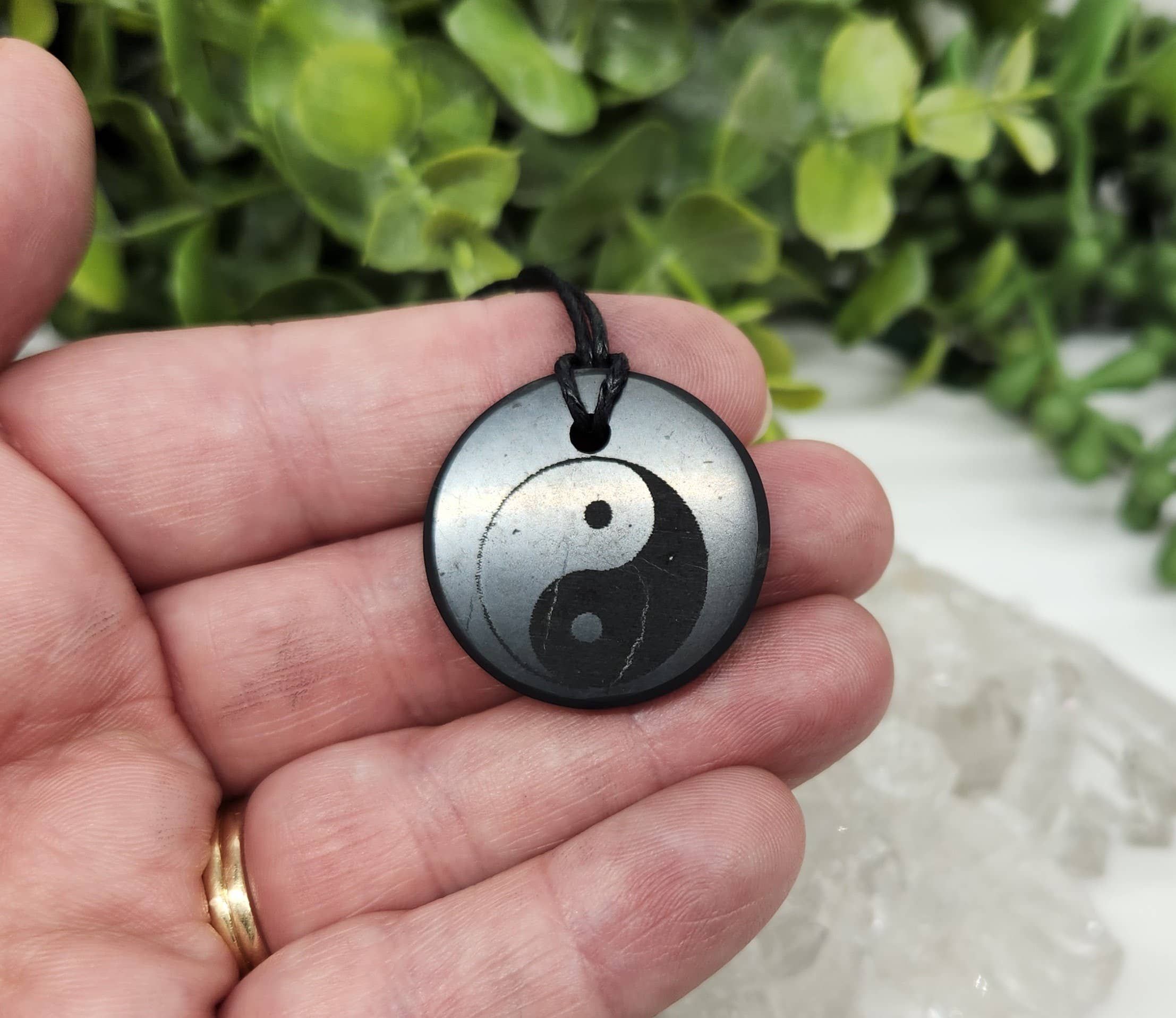 Shungite Pendant Engraved  with Ying Yang with Cord