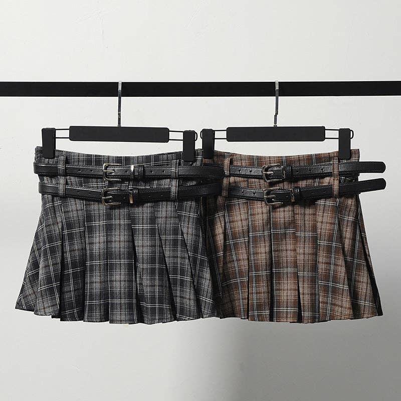 Trendy High-Waisted Plaid Shorts with Dual Belts