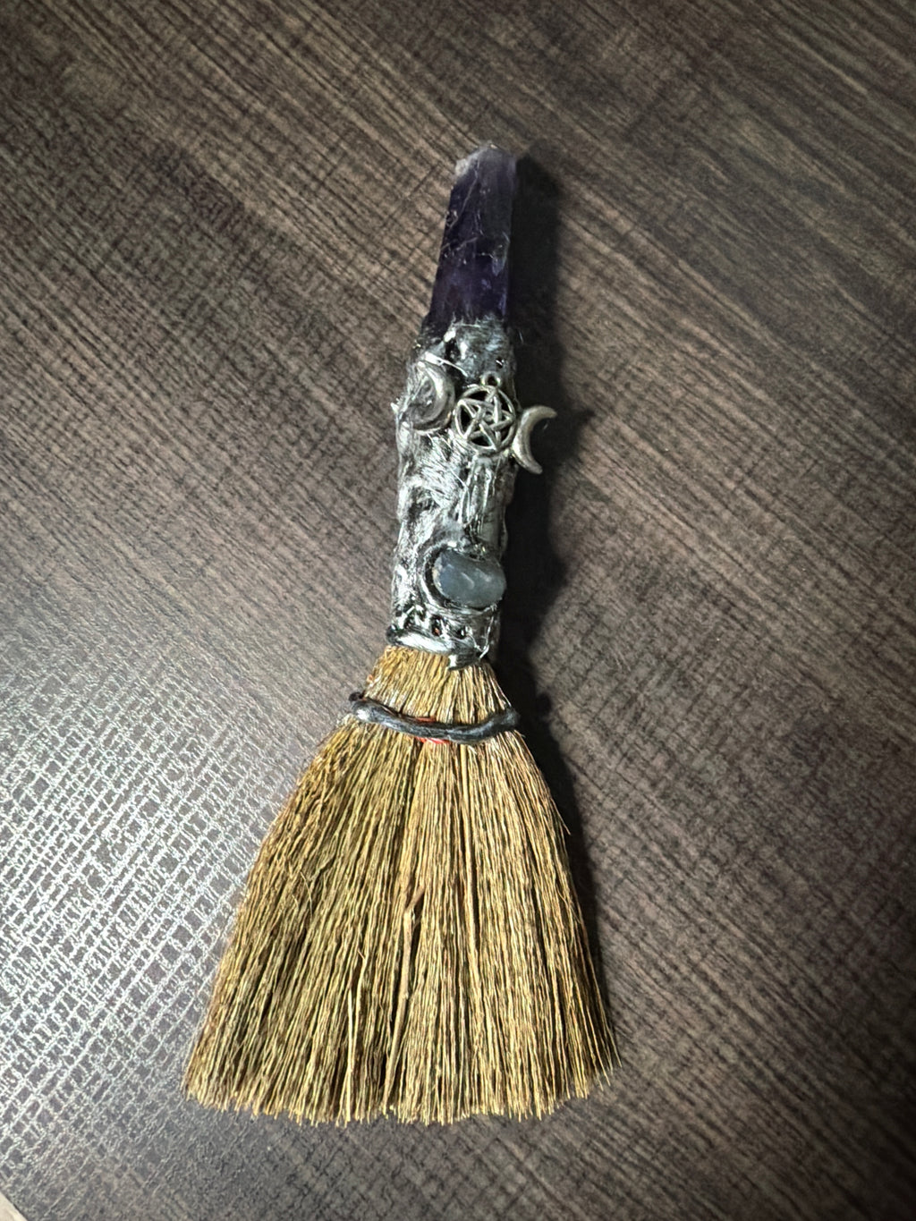 Gemstone Wicca Broom 8in - Amethyst w/ Silver Triple Moon