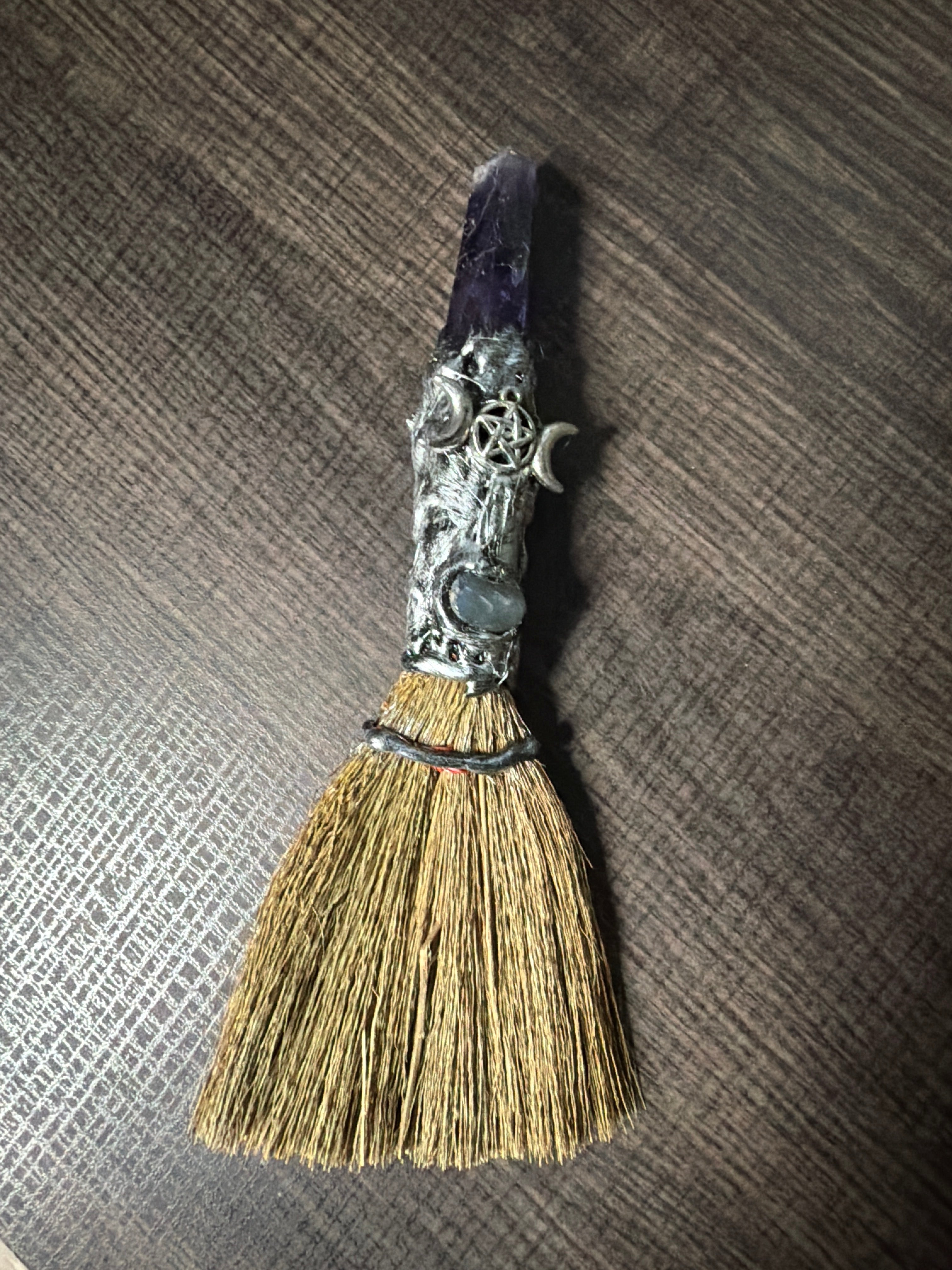 Gemstone Wicca Broom 8in - Amethyst w/ Silver Triple Moon
