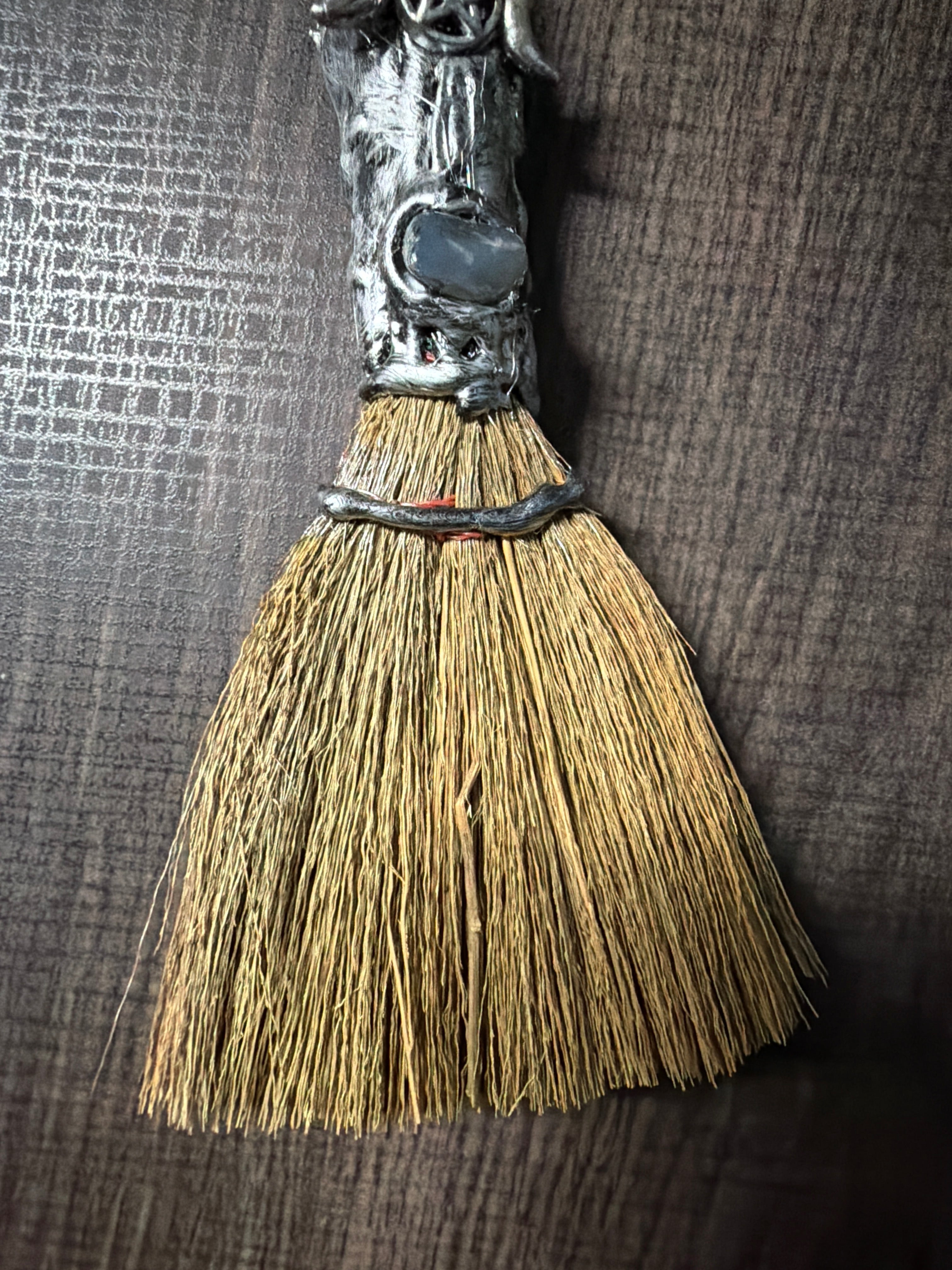 Gemstone Wicca Broom 8in - Amethyst w/ Silver Triple Moon