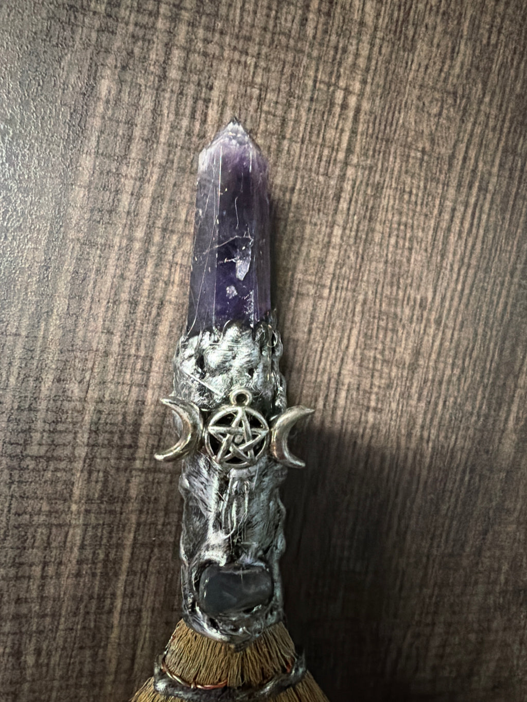 Gemstone Wicca Broom 8in - Amethyst w/ Silver Triple Moon