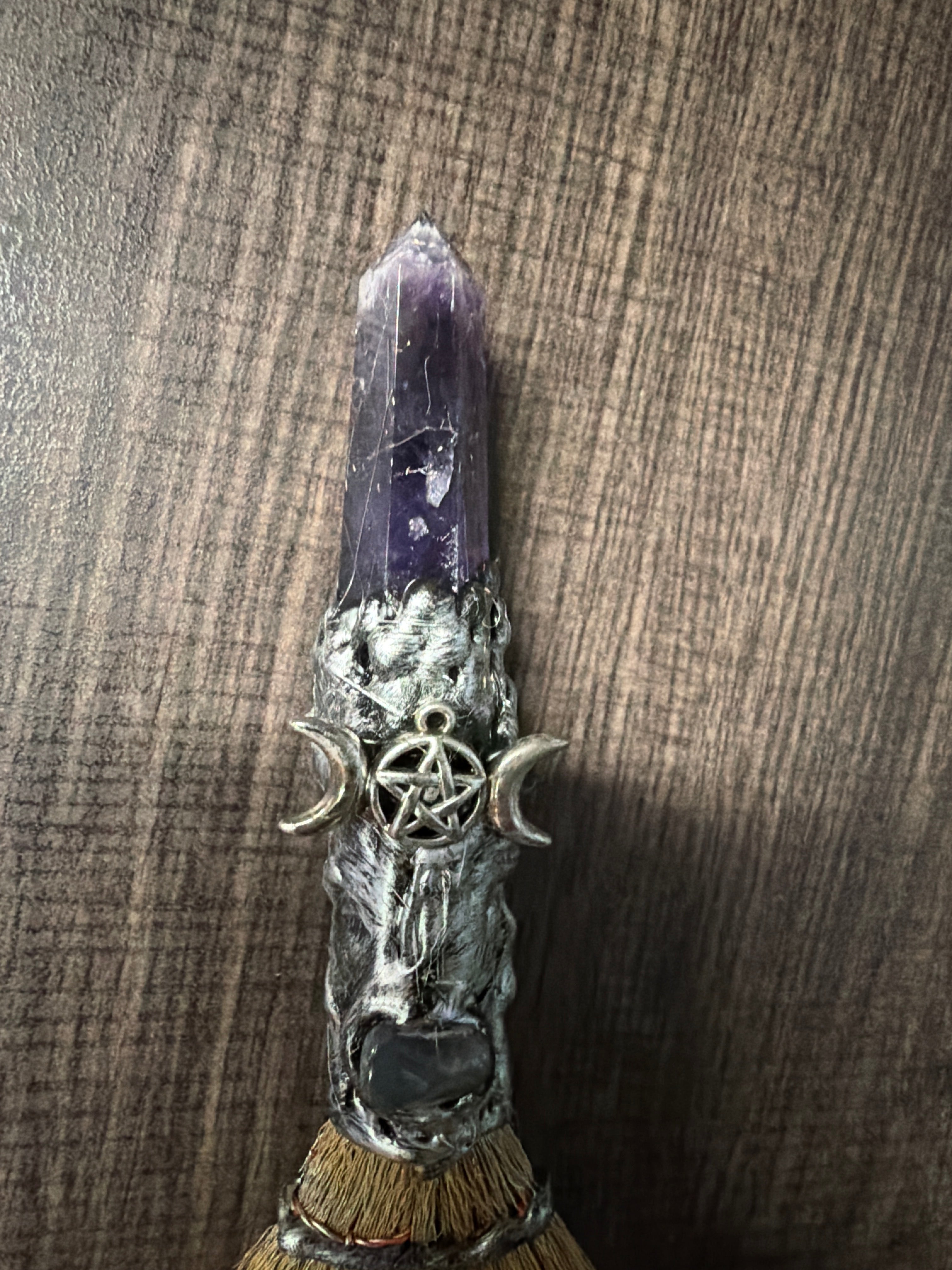 Gemstone Wicca Broom 8in - Amethyst w/ Silver Triple Moon