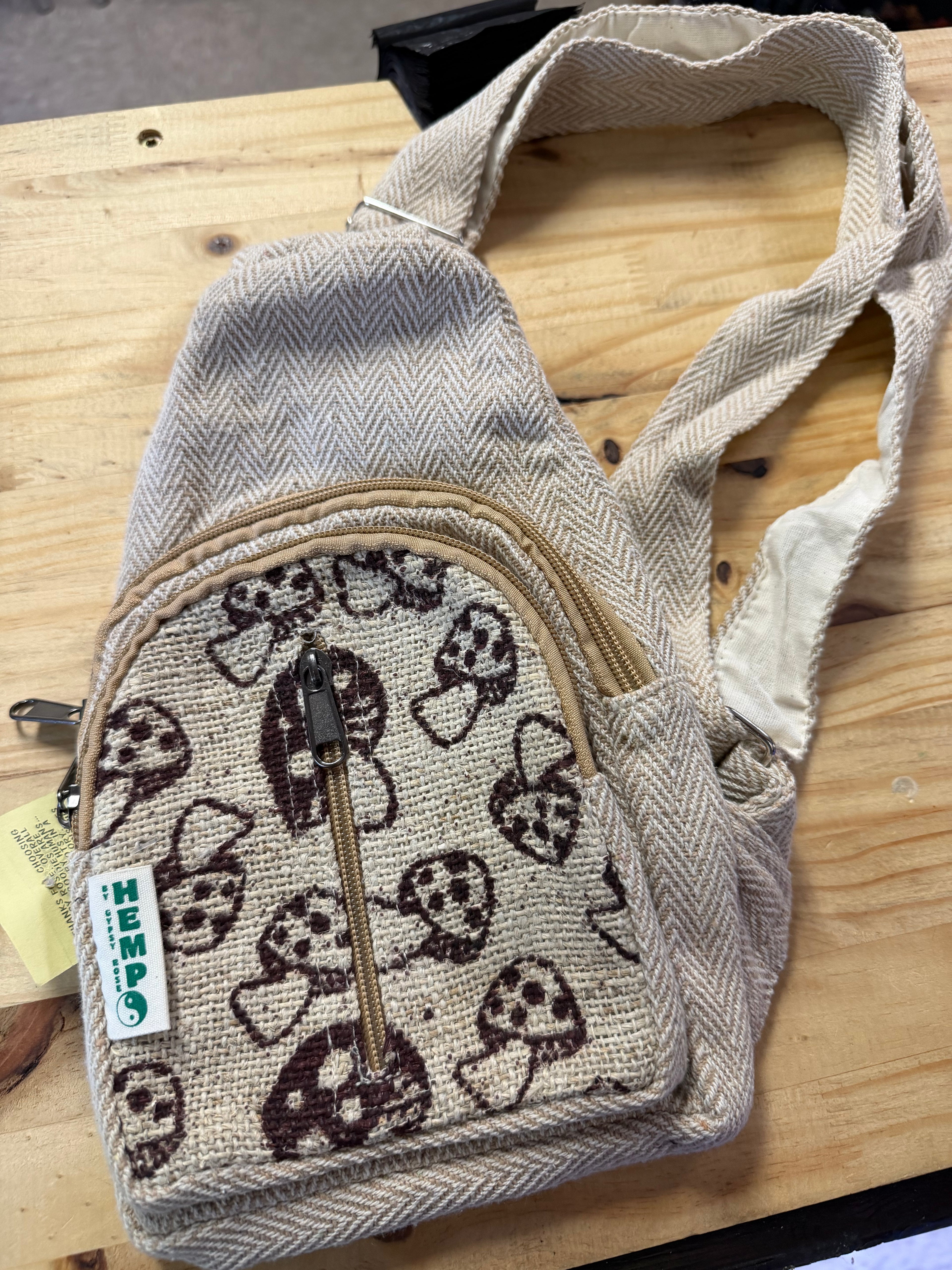 Mushroom Print Hemp Mini Sling Bag