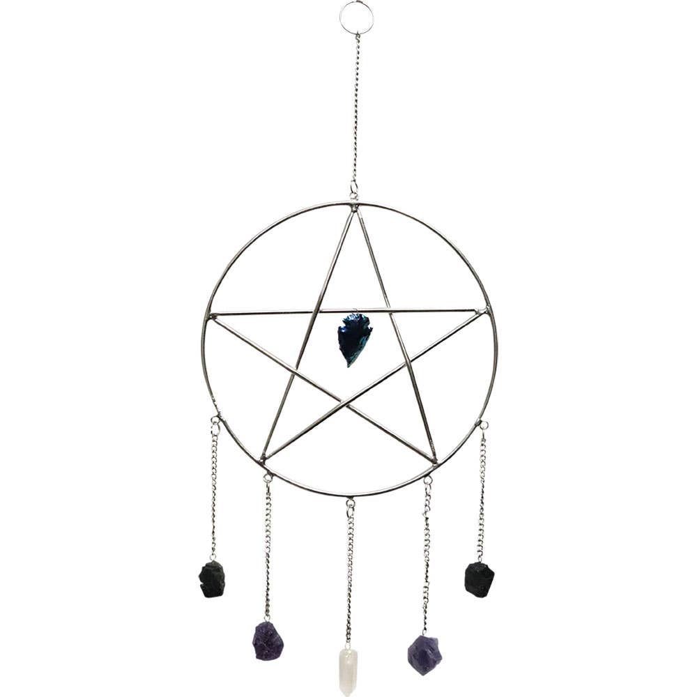 Metal Wall Hanging Pentacle w/ Crystal Point & Gemstones
