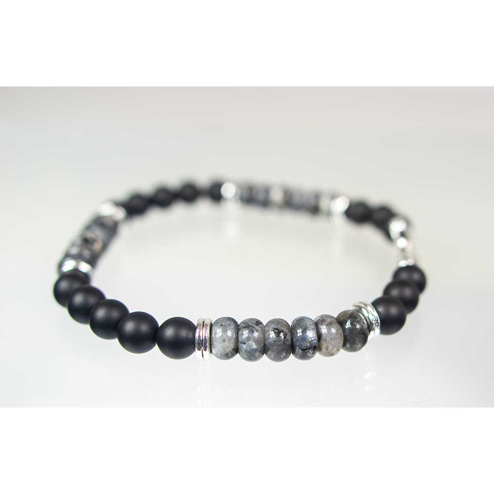 Elastic Bracelet 6mm Bead Black Agate & Labradorite w/ Cross
