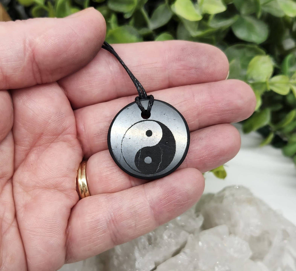 Shungite Pendant Engraved  with Ying Yang with Cord