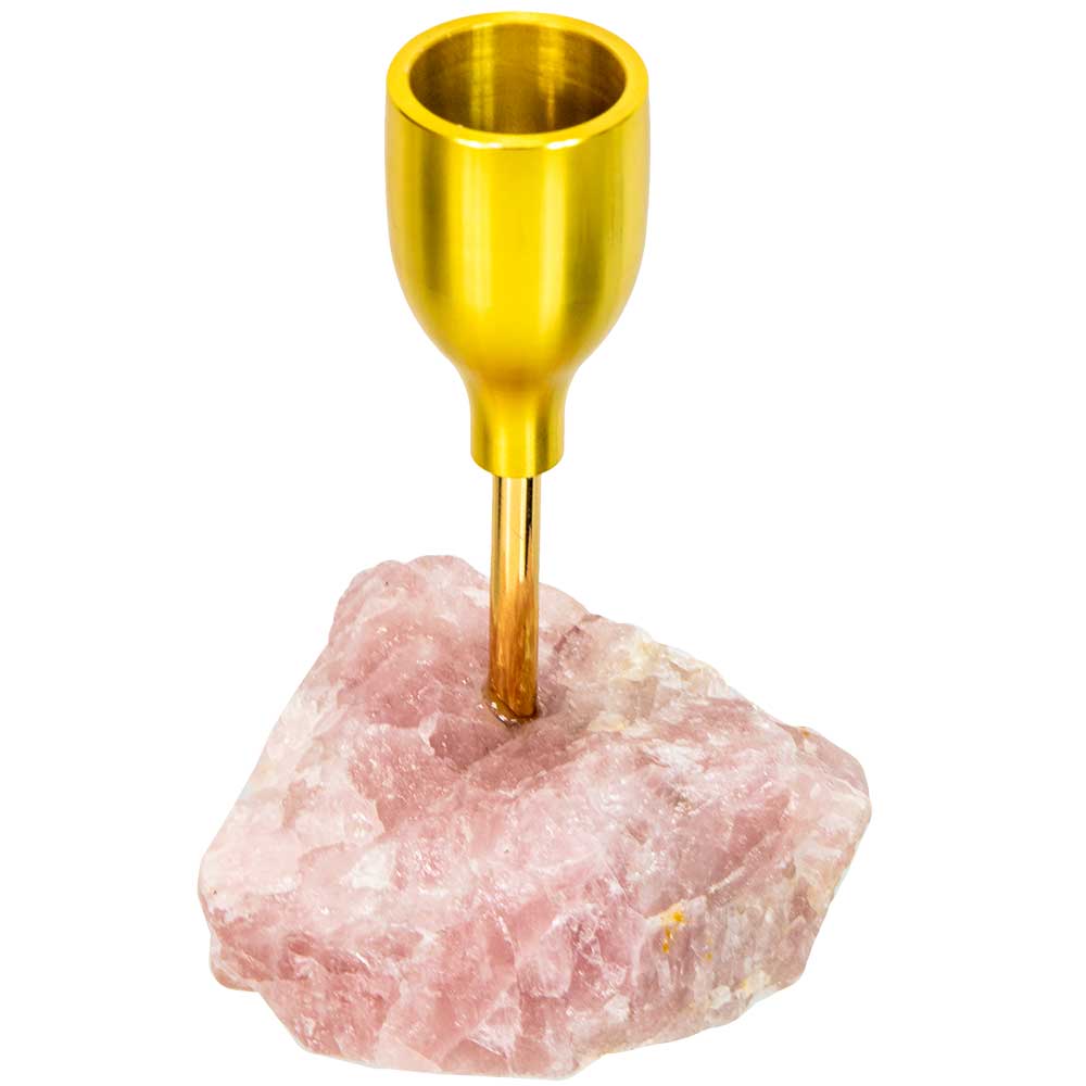 Brass Taper Candle Holder - Rough Rose Quartz (Each)