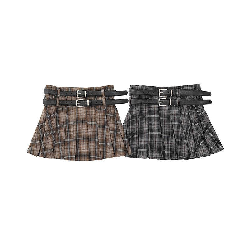 Trendy High-Waisted Plaid Shorts with Dual Belts