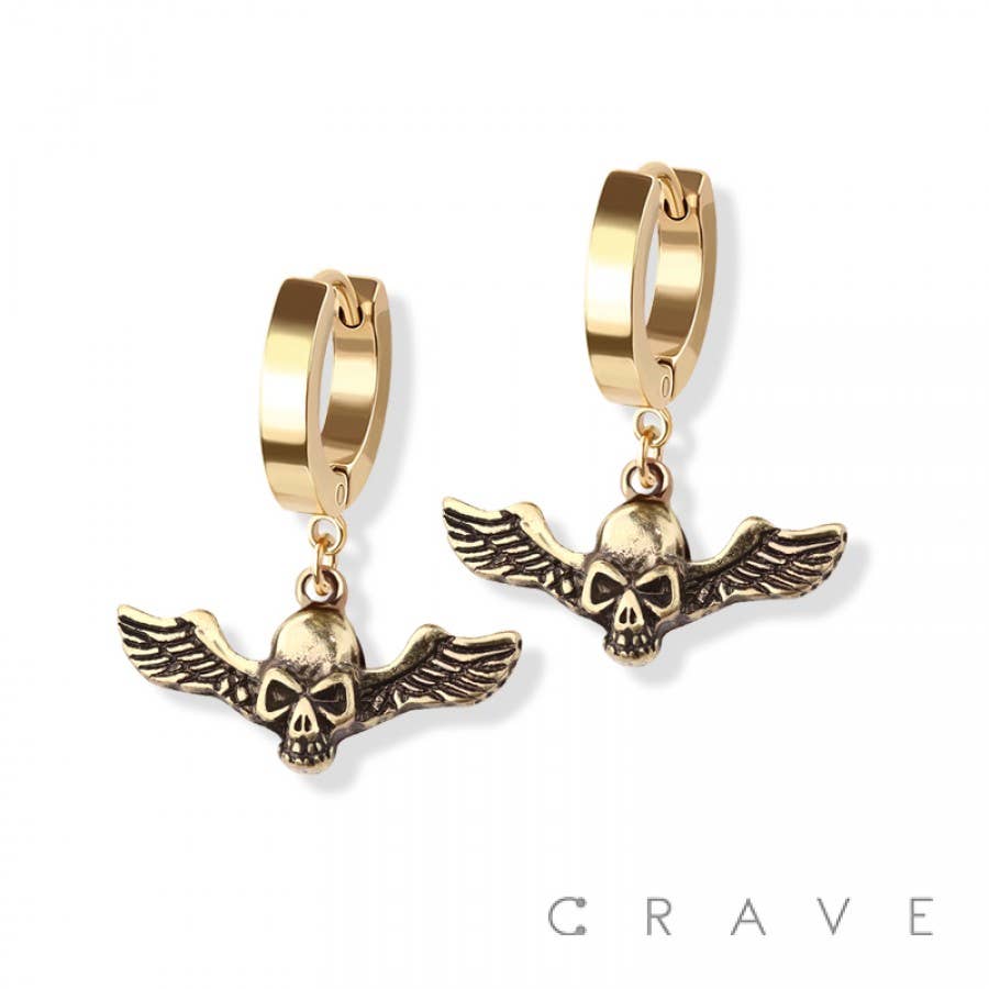 PAIR OF 316L SS HUGGIE/HOOP EARRINGS WITH SKULL WING DANGLE