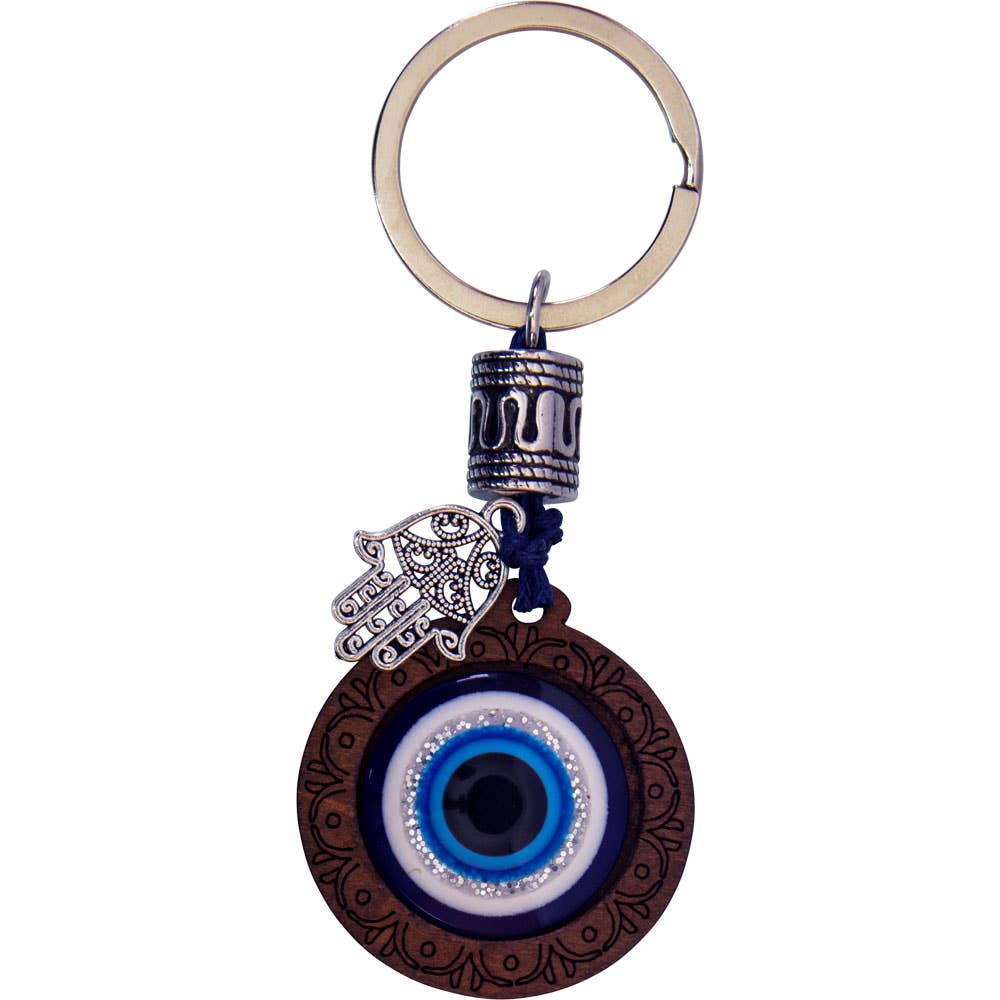 Evil Eye Talisman Key Ring - Wood w/ Mini Fatima Hand