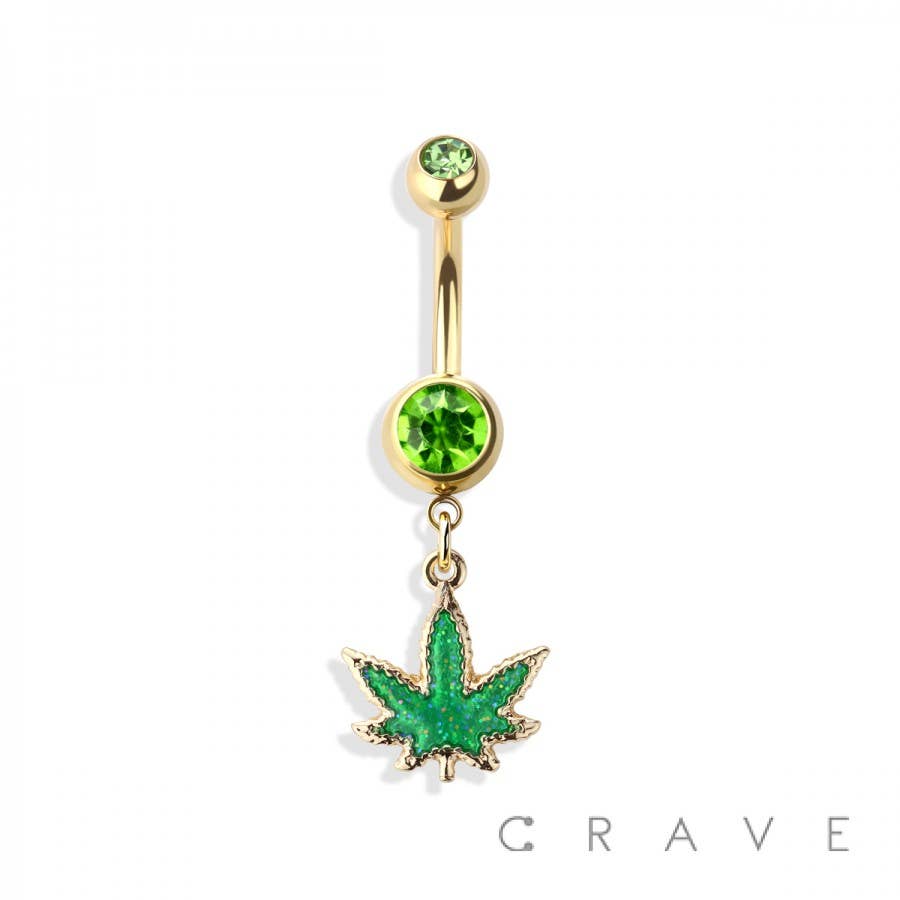 GLITTERED MARIJUANA DANGLE 316L SS NAVEL RING
