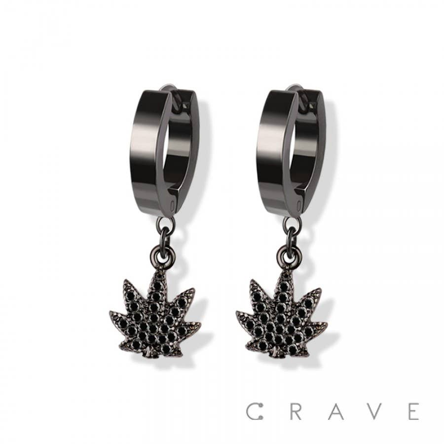 PAIR OF 316L SS EARRINGS W/GEM PAVED MARIJUANA PENDANT
