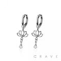 PAIR OF 316L STAINLESS STEEL HUGGIE/HOOP CENTER CZ LOTUS FLO