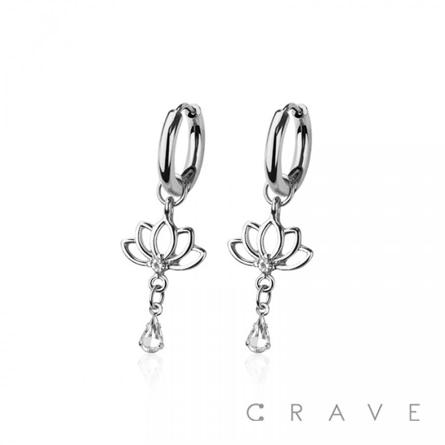 PAIR OF 316L STAINLESS STEEL HUGGIE/HOOP CENTER CZ LOTUS FLO