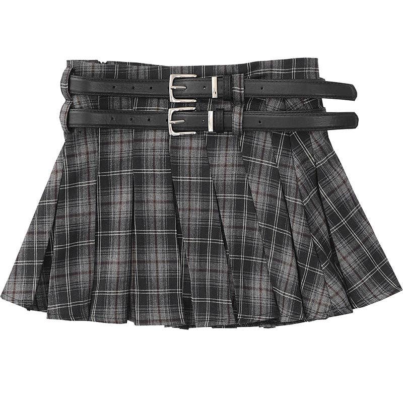 Trendy High-Waisted Plaid Shorts with Dual Belts