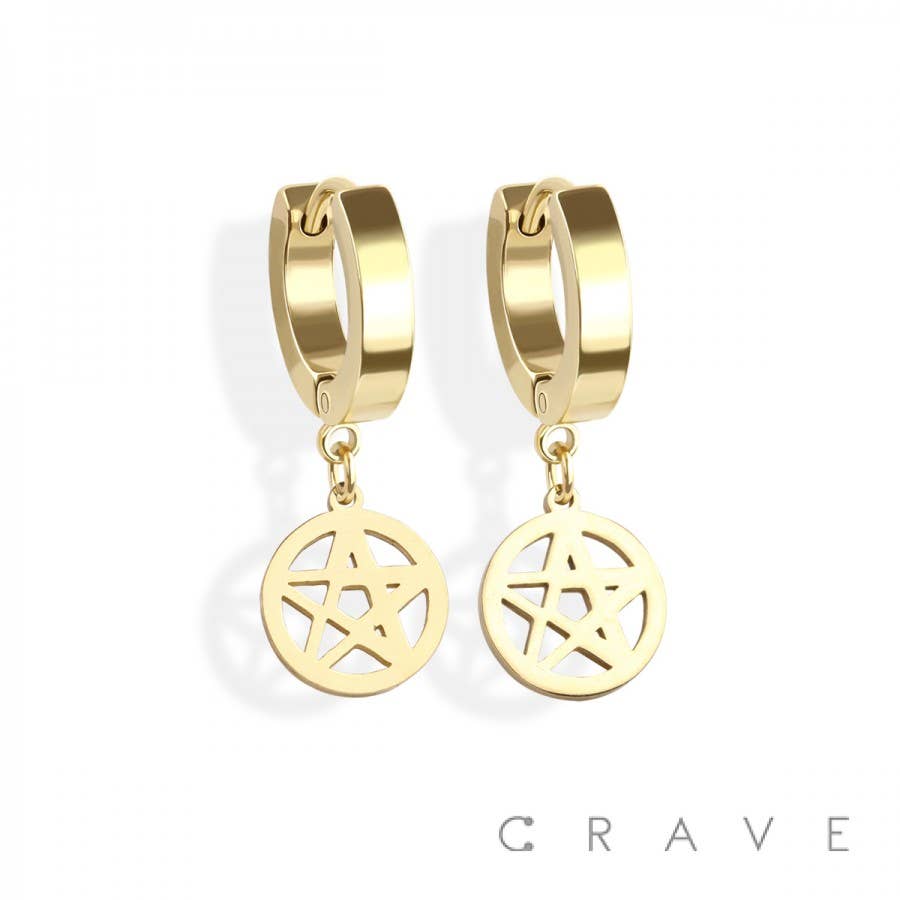 PAIR OF 316L SS HUGGIE/HOOP EARRINGS WITH STAR DANGLE