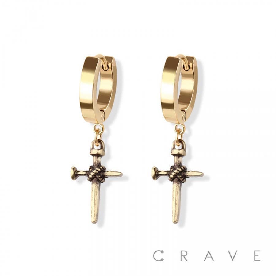 PAIR OF 316L SS HUGGIE/HOOP EARRINGS WITH CROSS STAKE DANGLE