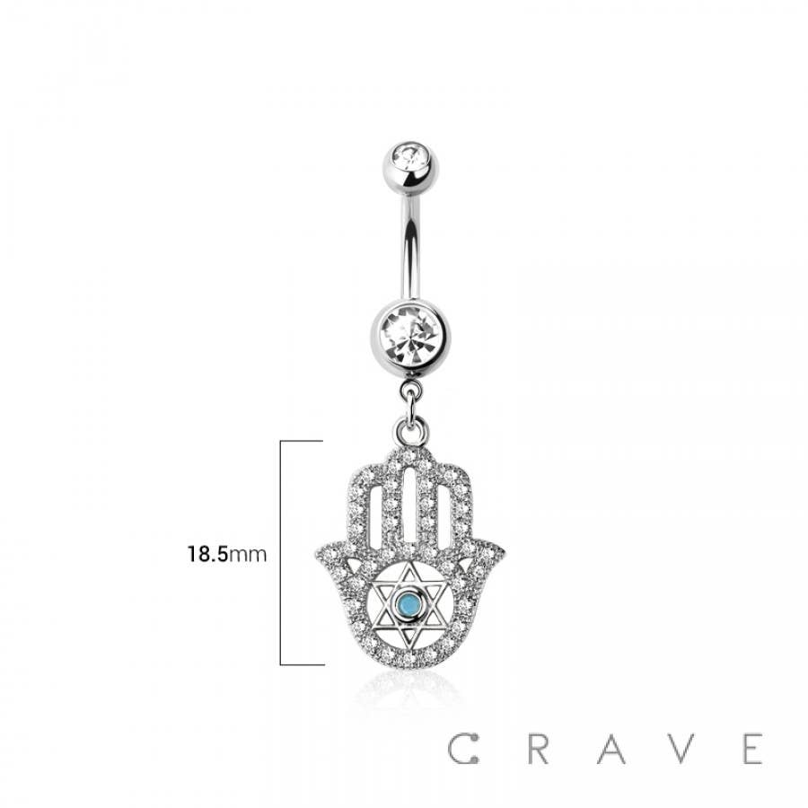 316L SURGICAL STEEL HAMSA HAND MULTI CZ DANGLE BELLY BUTTON