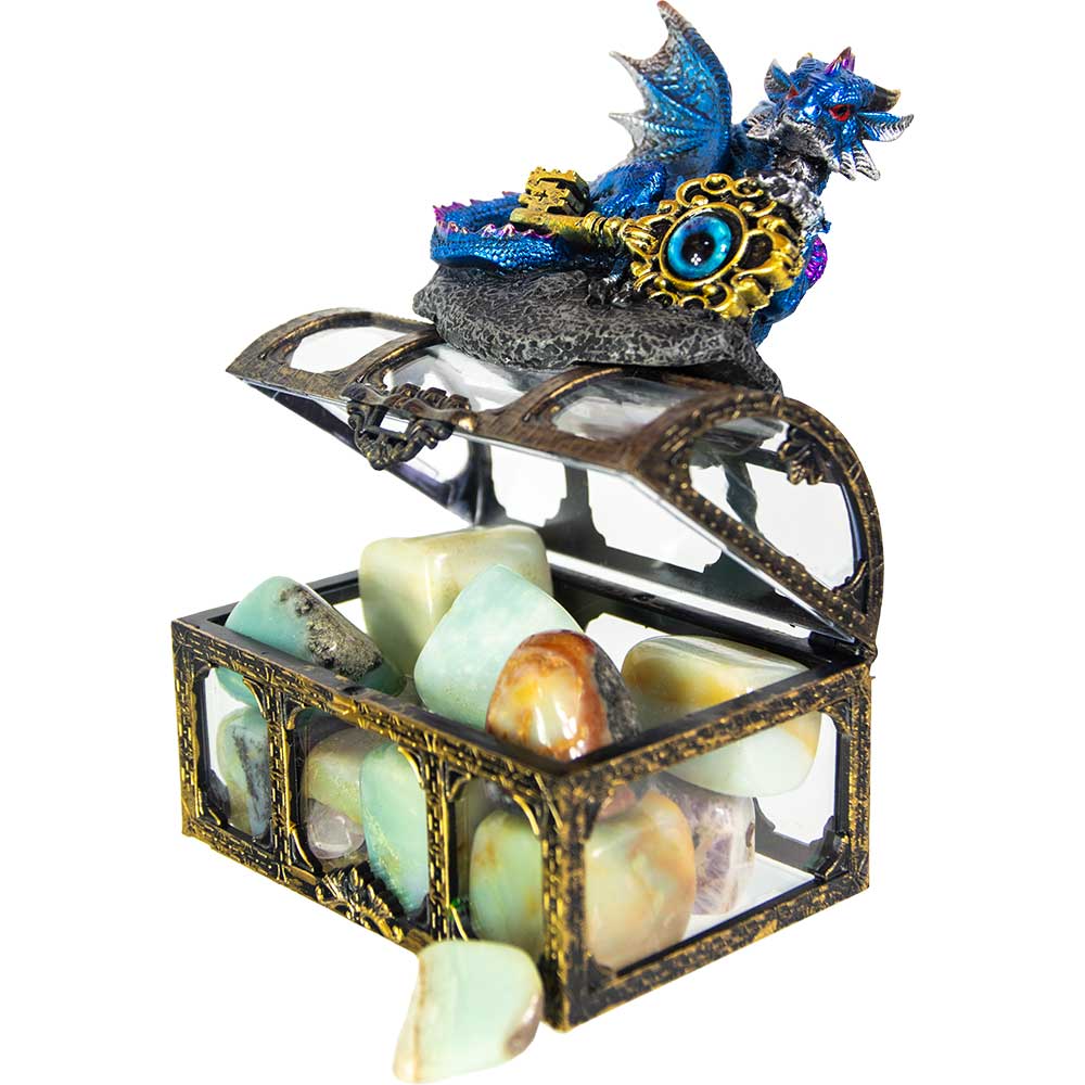Polyresin Dragon on Treasure Chest - Blue w/ Dragon Eye Key