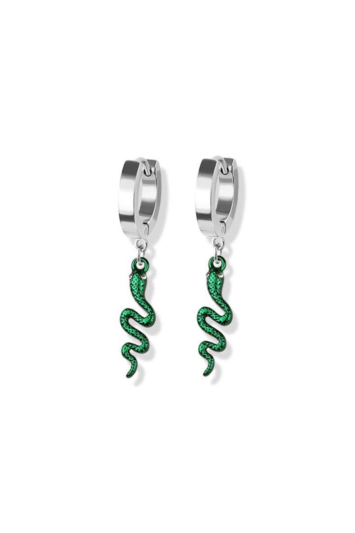 PAIR OF STAINLESS STEEL HUGGIE/HOOP EARRINGS W/SNAKE DANGLE