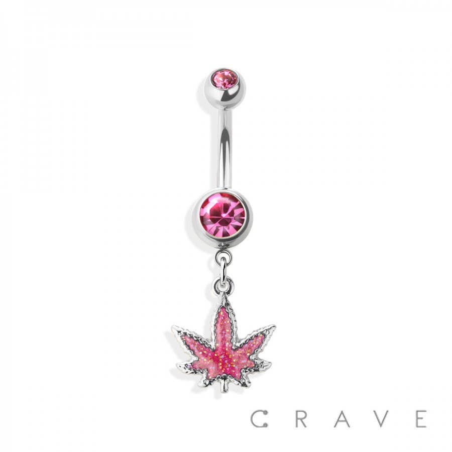 GLITTERED MARIJUANA DANGLE 316L SS NAVEL RING