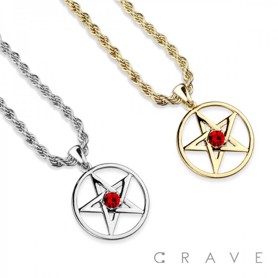 MEN'S PENDANT NECKLACE SILVER TONE PENTAGRAM PENTACLE STAR